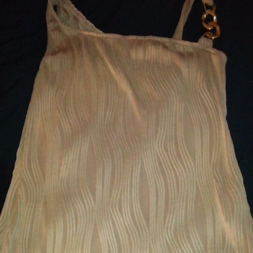 Elegant Beige Sleeveless Top with Gold Chain Detail
